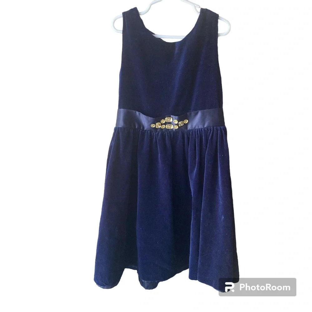 Gymboree Navy Blue Velvet Party Dress  Size 8 w/ Satin Bow &‎ Rhinestones